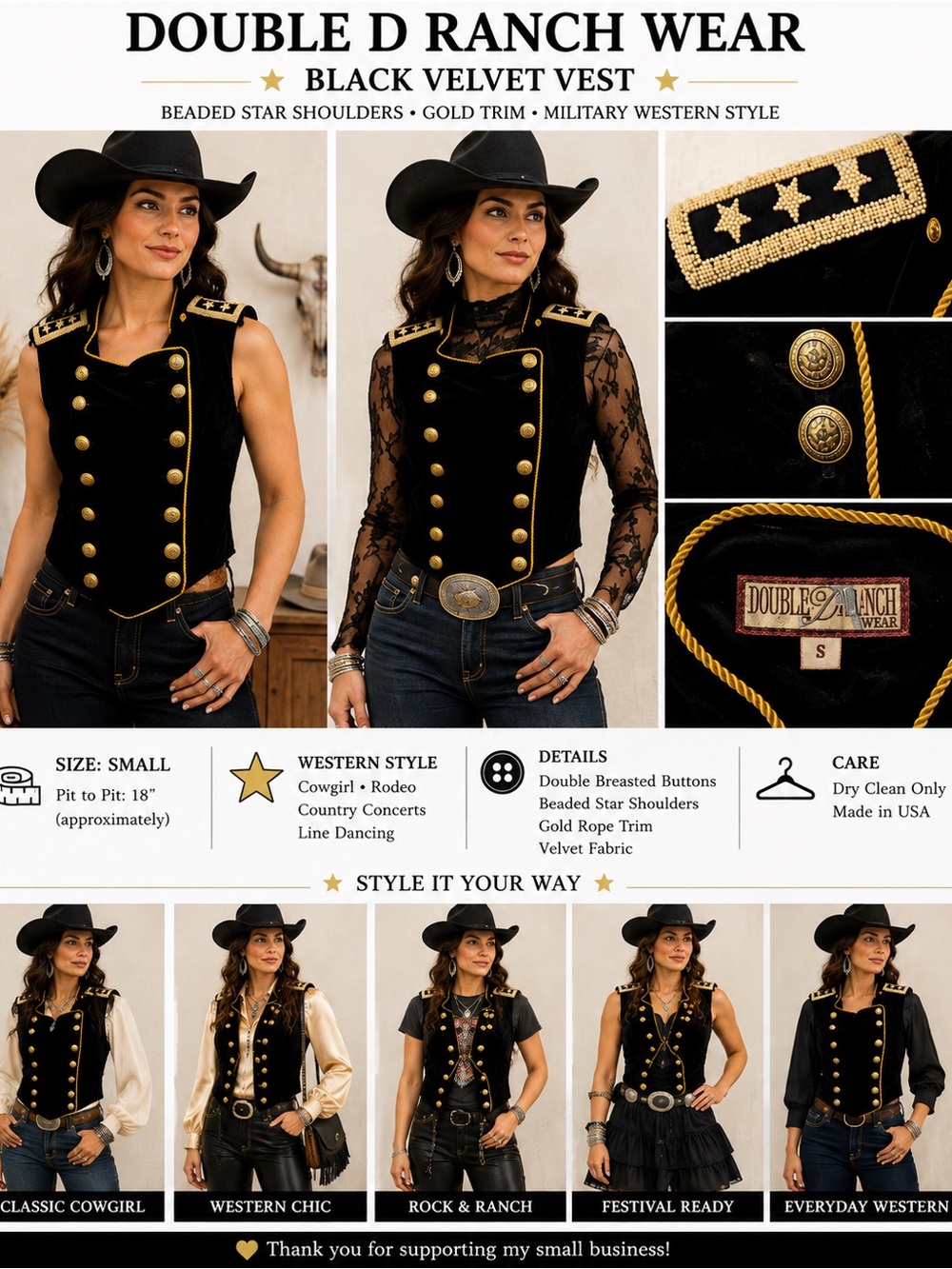 Double D Ranch Wear Black Velvet Military Western Vest Beaded Stars Gold Small